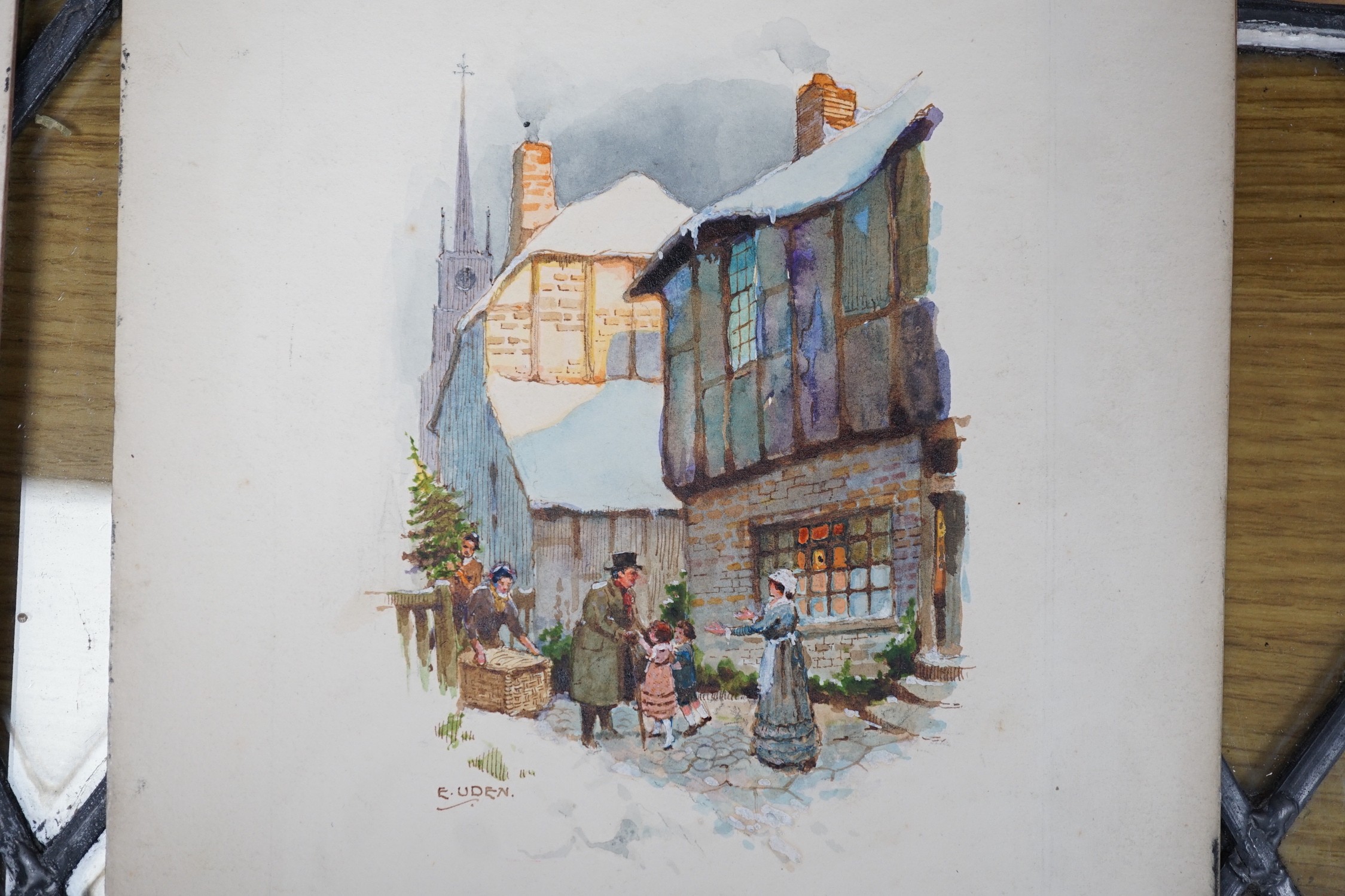Ernest Uden (1911-1986), four watercolours with bodycolour, vintage greeting card designs, winter scenes, signed, 28 x 20cm, unframed